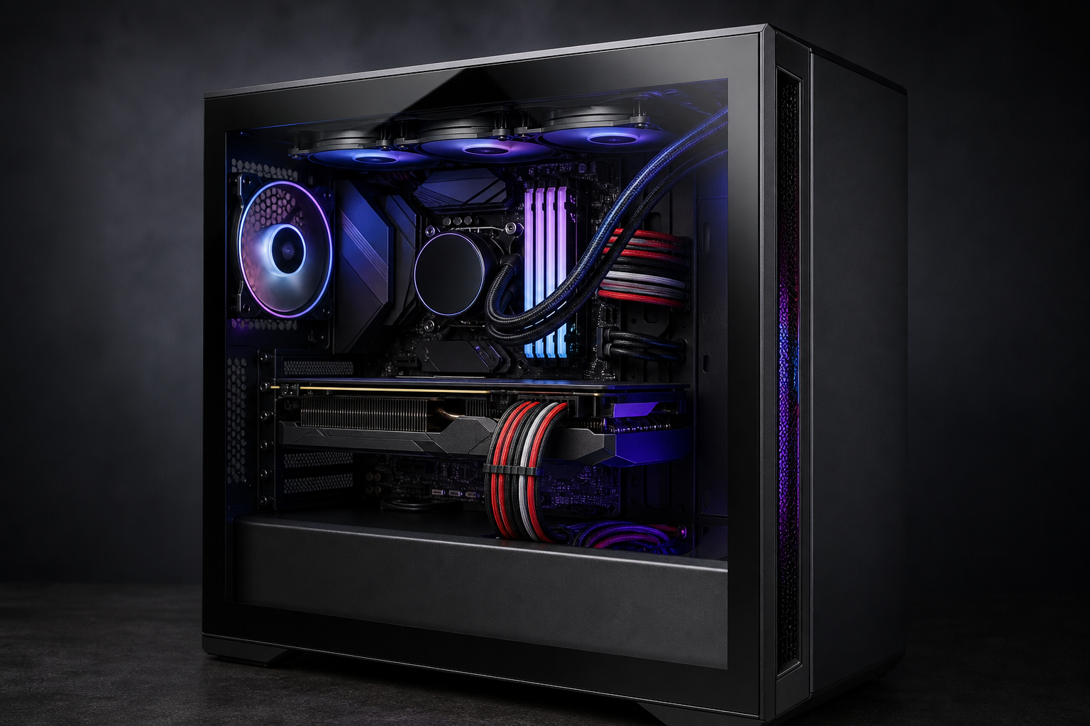 Case PC con alimentatore modulare e cablaggio a vista dietro un pannello in vetro temperato