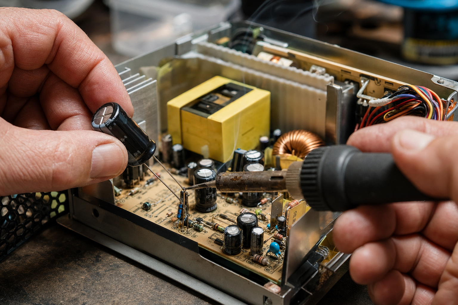 Tecnico ripara un alimentatore PC sostituendo condensatori su un banco di lavoro