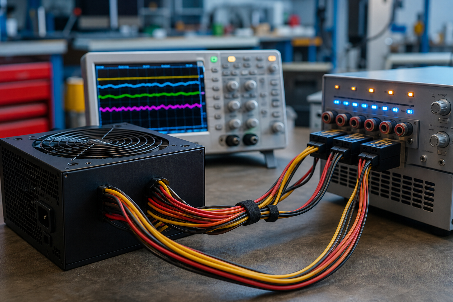 Alimentatore PC collegato a un carico elettronico e a un oscilloscopio durante un test di carico